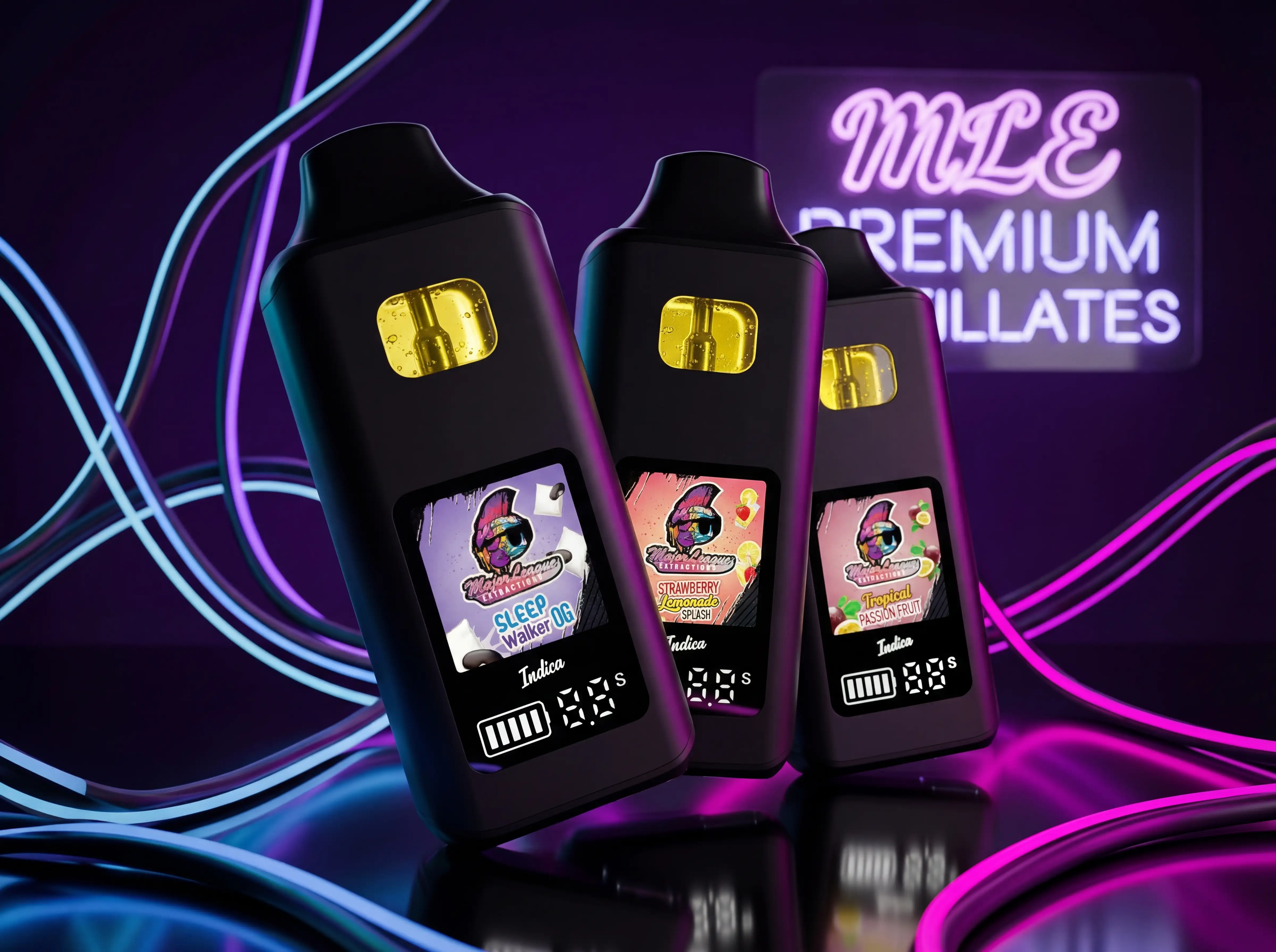 Major League wax pen devices in three indica flavors — Sleep Walker OG, Strawberry Lemonade Splash and Tropical Passion Fruit — displayed in front of MLE Premium Distillates neon sign