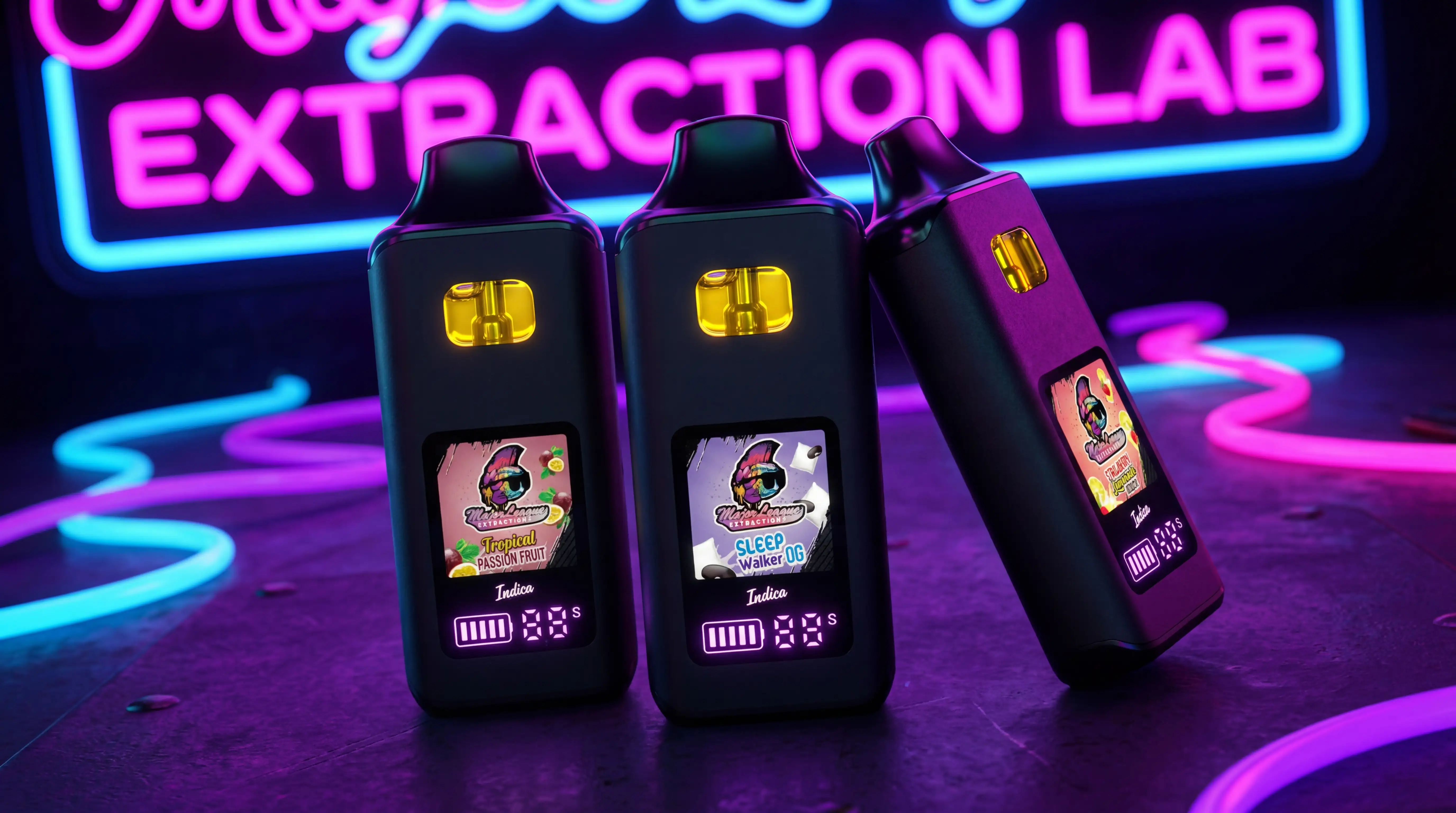 Major League wax pen lineup featuring Tropical Passion Fruit, Sleep Walker OG and Strawberry Lemonade Splash indica variants displayed in front of Major League Extraction Lab neon sign