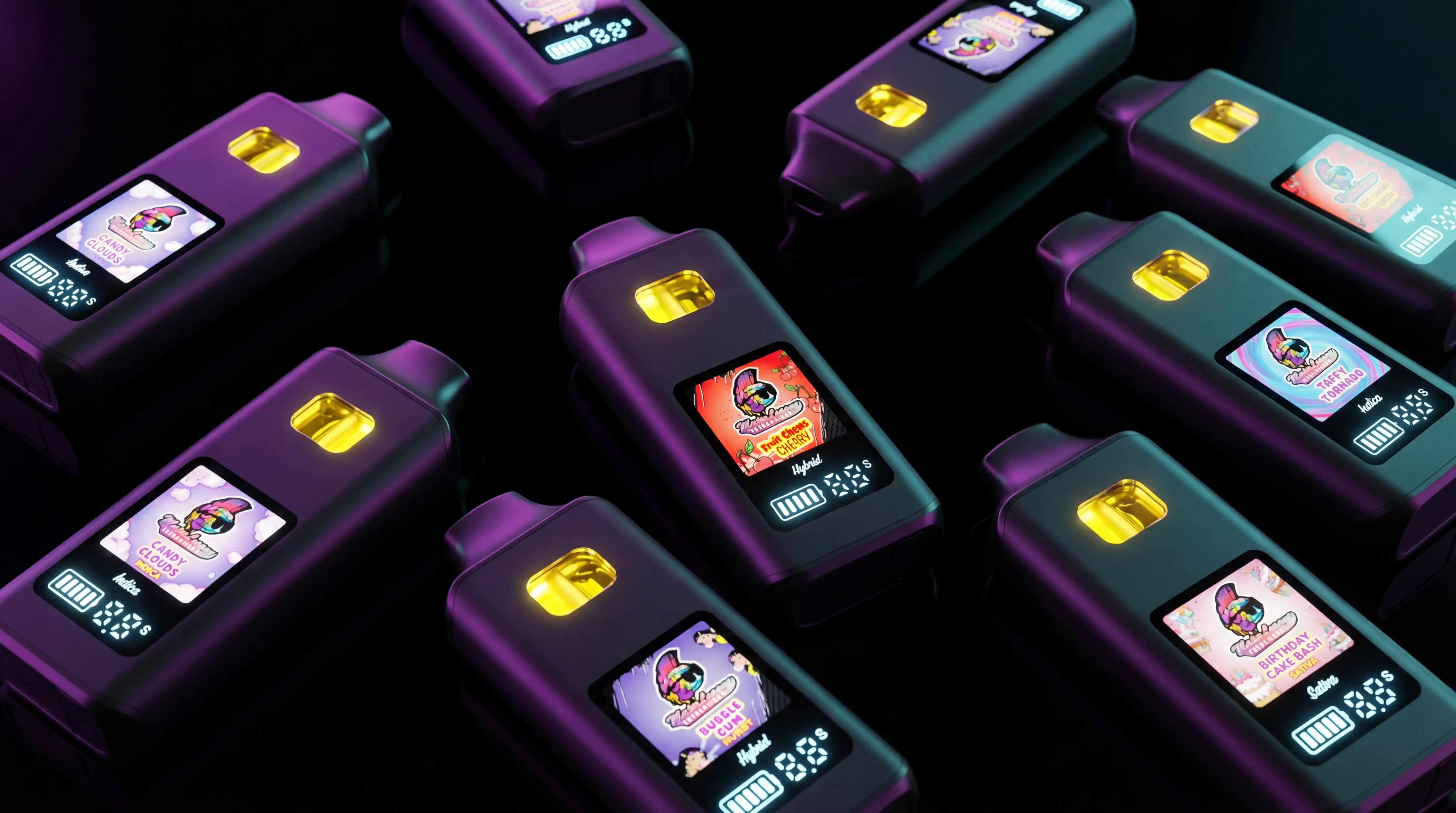 Major League Vape devices spread out showing full flavor collection including Candy Clouds, Fruit Chews Cherry, Bubble Cum, Taffy Tornado and Birthday Cake Bash