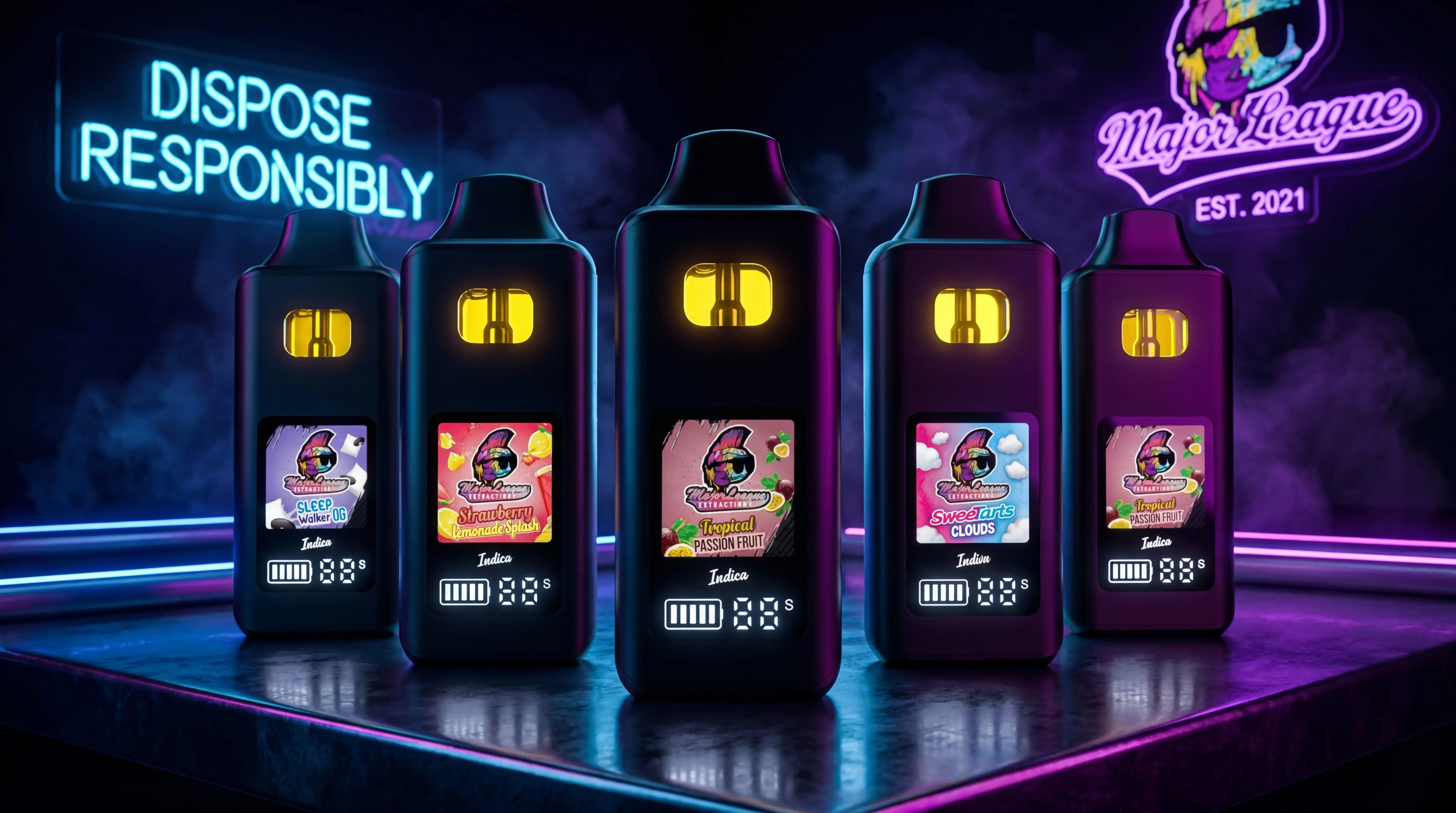Major League Extractions vape thc jetable five flavor indica lineup displayed in front of Dispose Responsibly sign and Major League Est. 2021 neon logo