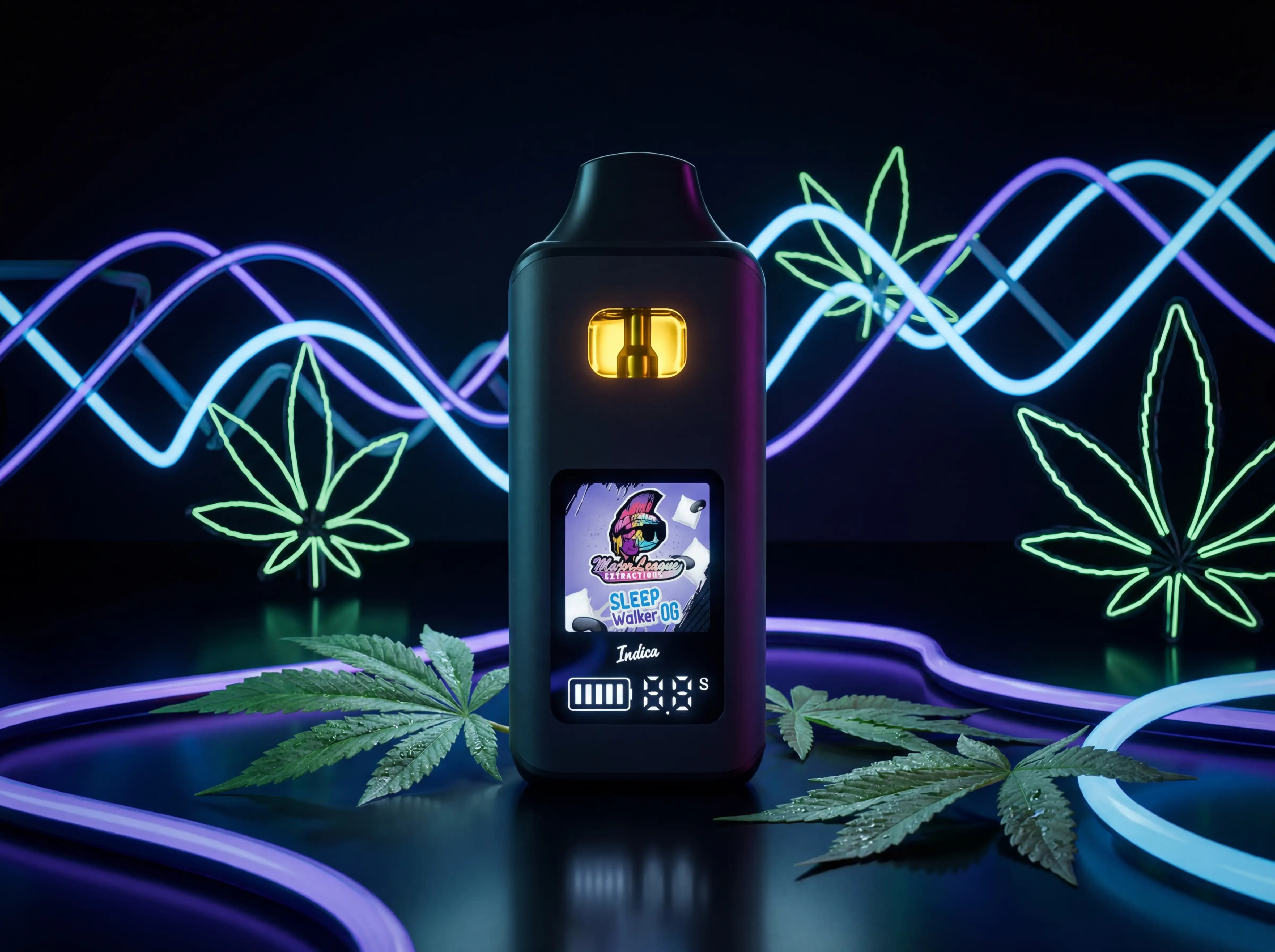 Major League Extractions vape thc jetable Sleep Walker OG indica device surrounded by cannabis leaves and green neon cannabis leaf artwork on dark background