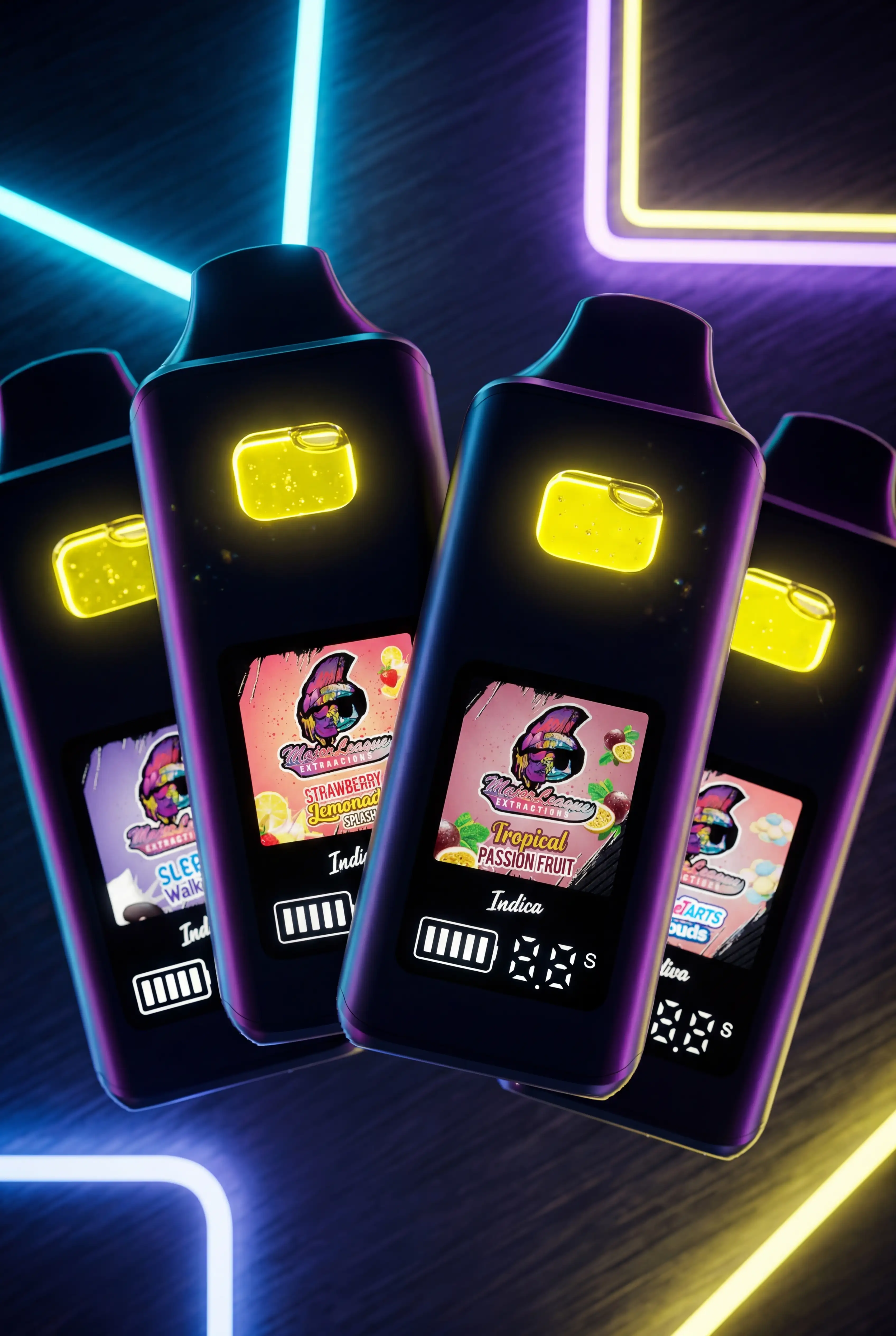 Major League Extractions vape thc jetable devices fanned out showing Sleep Walker OG, Strawberry Lemonade Splash and Tropical Passion Fruit flavors with glowing gold cartridges