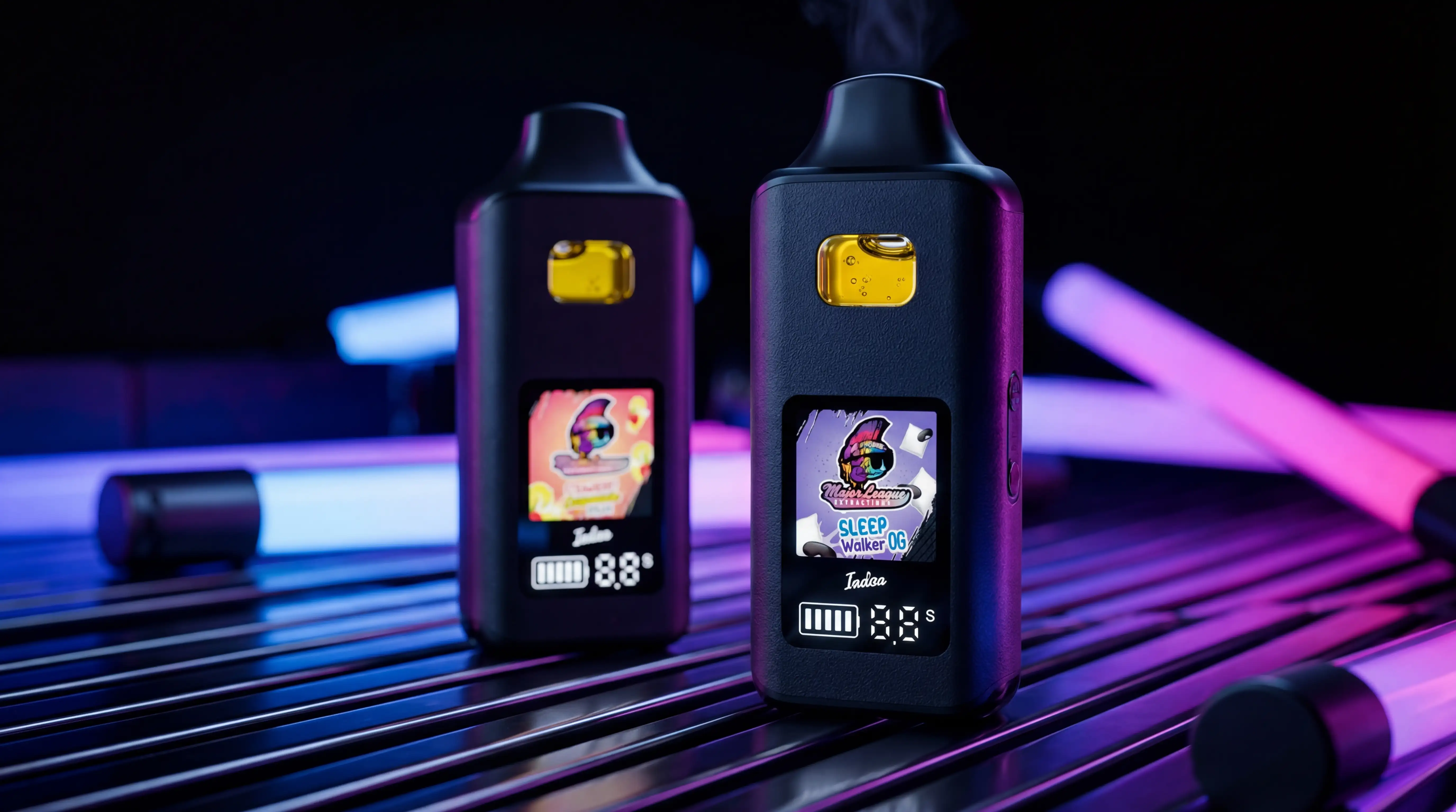 Two Major League Extractions vape thc jetable devices including Sleep Walker OG indica photographed on a ridged surface with blue and purple neon lighting